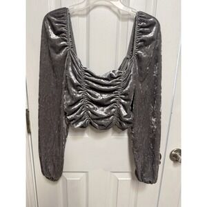 Silver Gray Crushed Velvet Ruched Crop Top Long Sleeve Cowl Neck H&M Divided L
